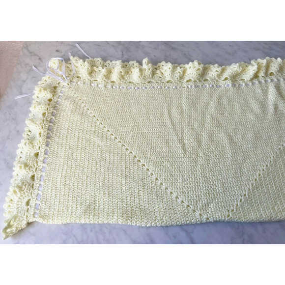 Baby Blanket Afghan Hand Knit Crocheted Soft Yellow with White Ribbon Homemade - Picture 6 of 11